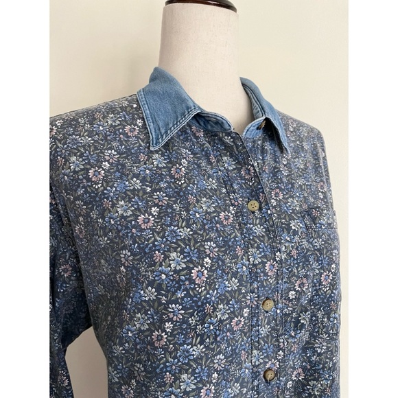 90s Vintage Denim Floral Print Button Up 100% Cotton Cottage Oversized Medium - Picture 3 of 5